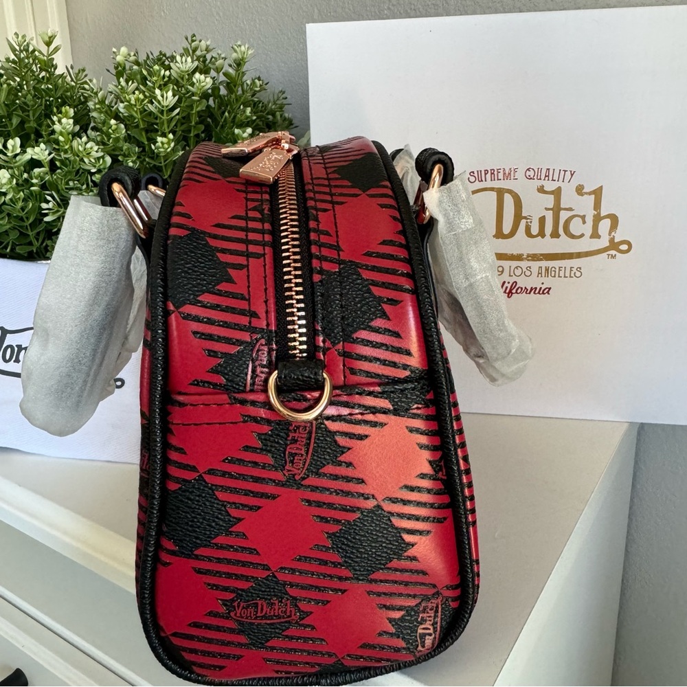 NWT Von Dutch Red and Black Plaid Bowling Crossbody Bag Y2K Retro - Picture 4 of 9